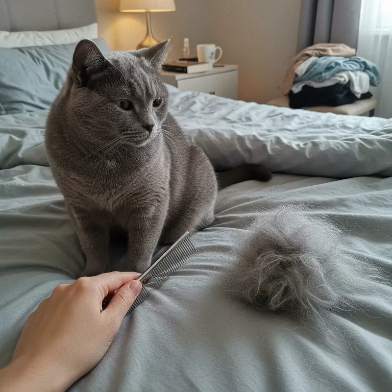 Ausgekämmte graue Unterwolle liegt als Büschel neben einem Kamm auf dem Bett