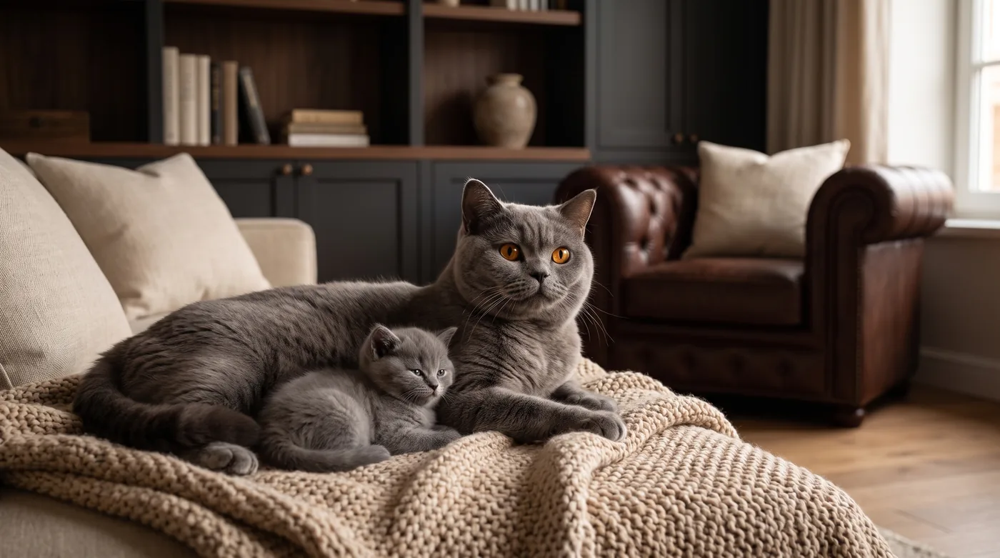 Britisch-Kurzhaar-Mutterkatze liegt mit ihren Kitten auf einer Decke beim Züchter